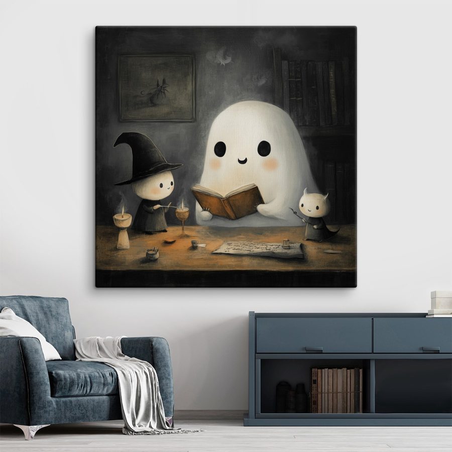 Spook dat een boek leest met twee kleine mensen