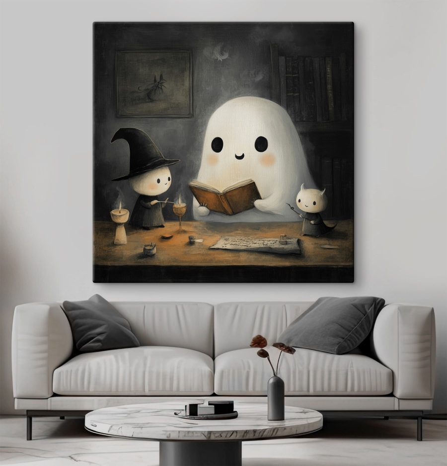 Spook dat een boek leest met twee kleine mensen