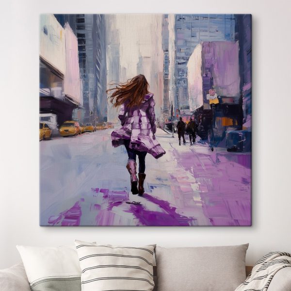 Canvas Schilderijen Canvas Schilderijen Vrouw rent door een straat (Artikelnummer: s41345)