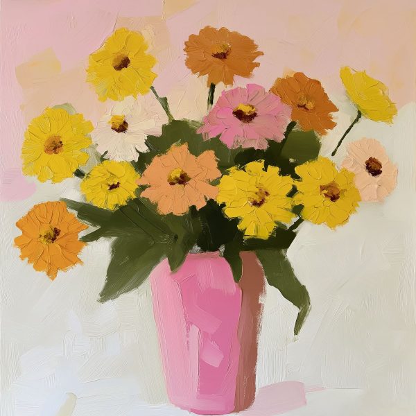 Schilderij van bloemen in een roze vaas Schilderij van bloemen in een roze vaas