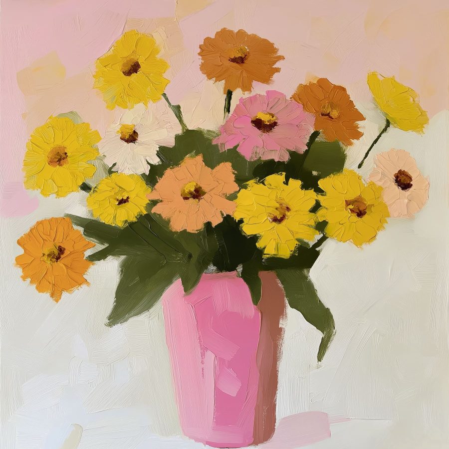 Schilderij van bloemen in een roze vaas