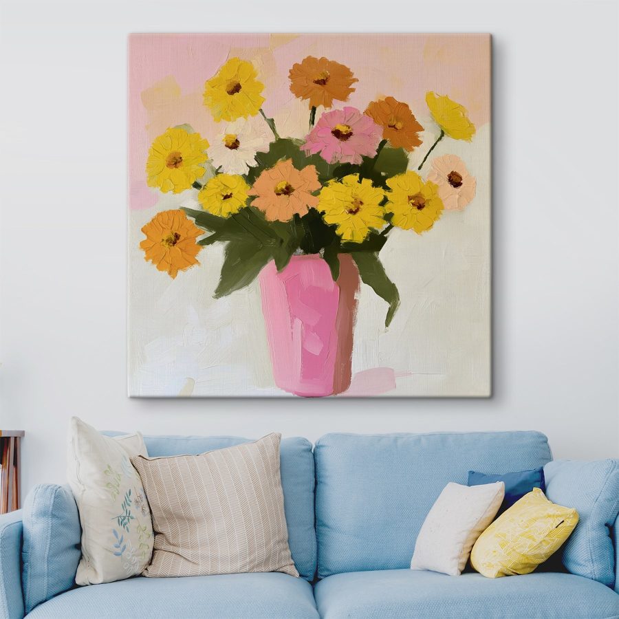 Schilderij van bloemen in een roze vaas