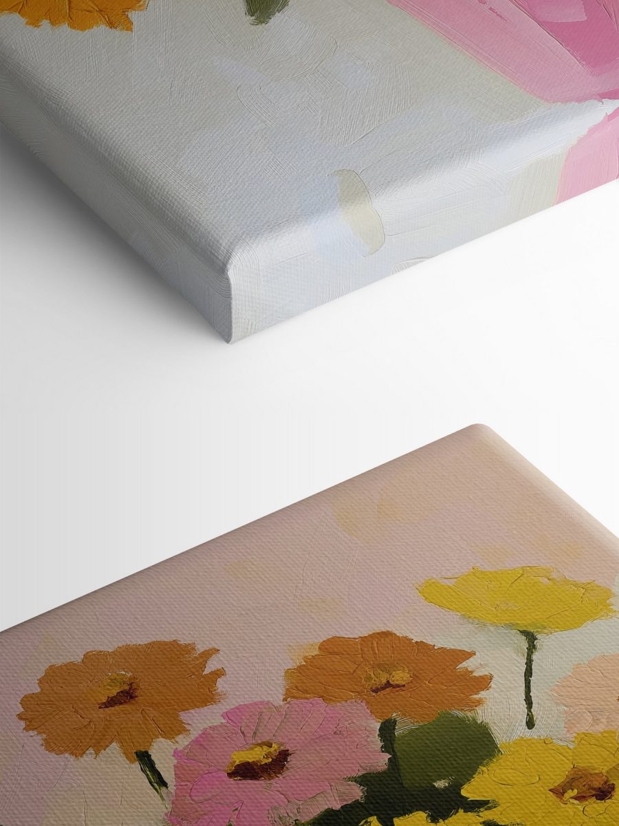 Schilderij van bloemen in een roze vaas