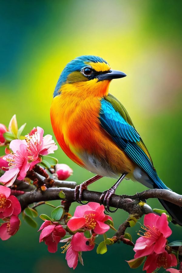 Kleurrijke vogel op een tak met roze bloemen Kleurrijke vogel op een tak met roze bloemen
