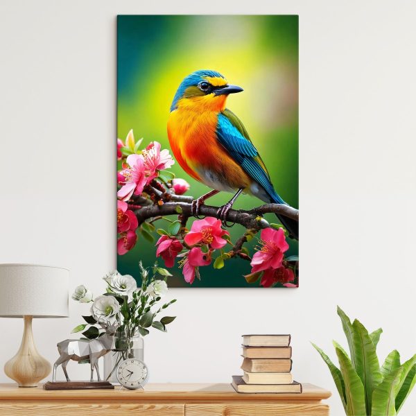 Kleurrijke vogel op een tak met roze bloemen Kleurrijke vogel op een tak met roze bloemen