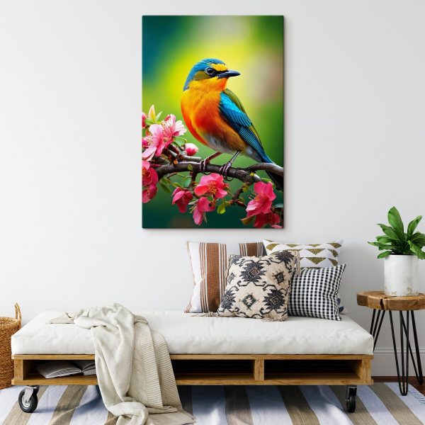 Kleurrijke vogel op een tak met roze bloemen Kleurrijke vogel op een tak met roze bloemen