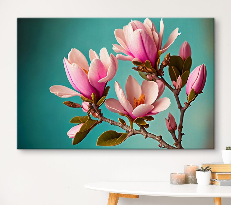 Magnolia's bloeien tegen een groenblauwe lucht