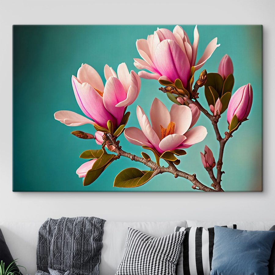 Magnolia's bloeien tegen een groenblauwe lucht