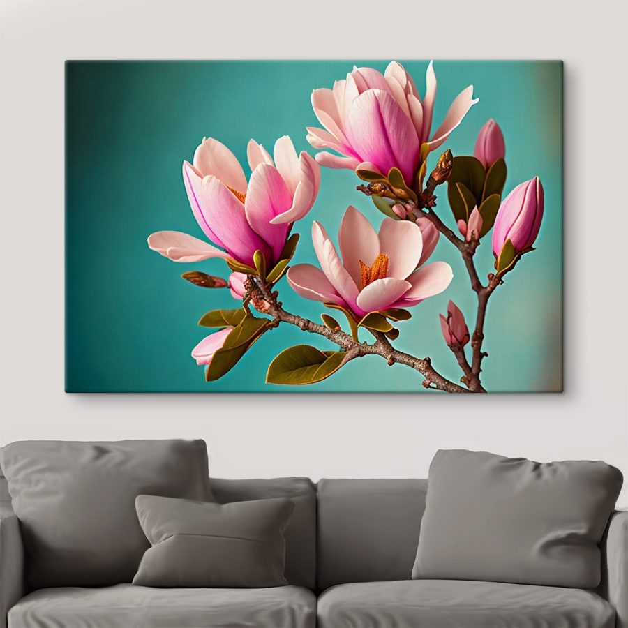 Magnolia's bloeien tegen een groenblauwe lucht