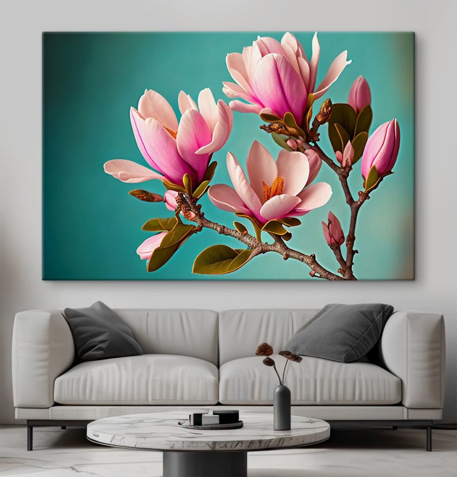 Magnolia's bloeien tegen een groenblauwe lucht