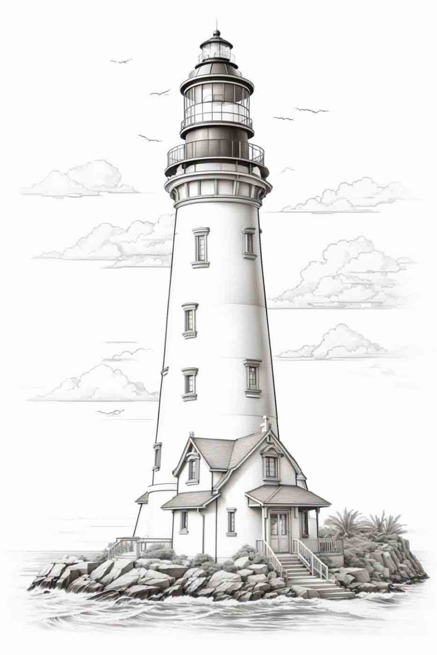 Vuurtoren met een huis en palmbomen