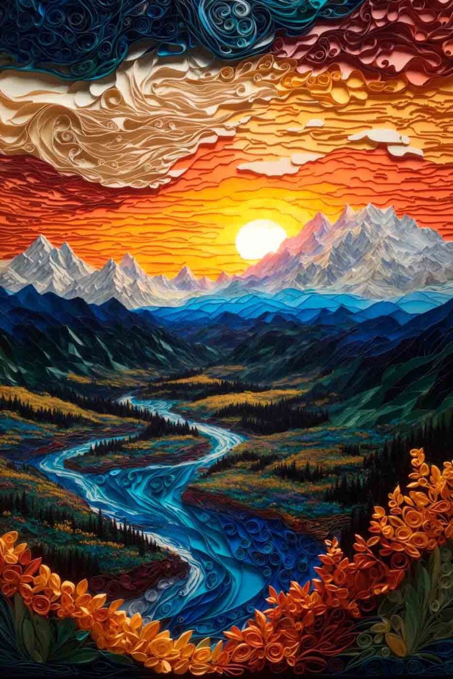 Schilderij van een rivier die door een vallei stroomt Schilderij van een rivier die door een vallei stroomt