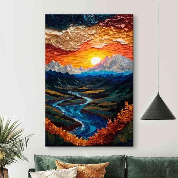 Schilderij van een rivier die door een vallei stroomt Schilderij van een rivier die door een vallei stroomt