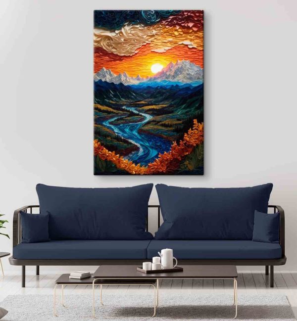 Schilderij van een rivier die door een vallei stroomt Schilderij van een rivier die door een vallei stroomt
