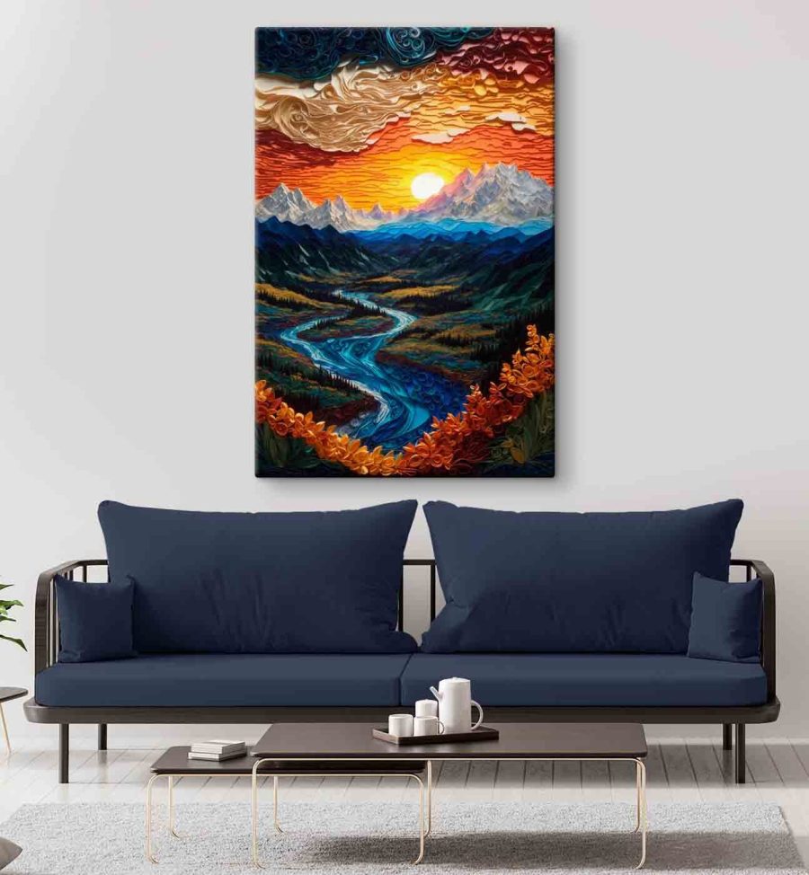 Schilderij van een rivier die door een vallei stroomt Schilderij van een rivier die door een vallei stroomt