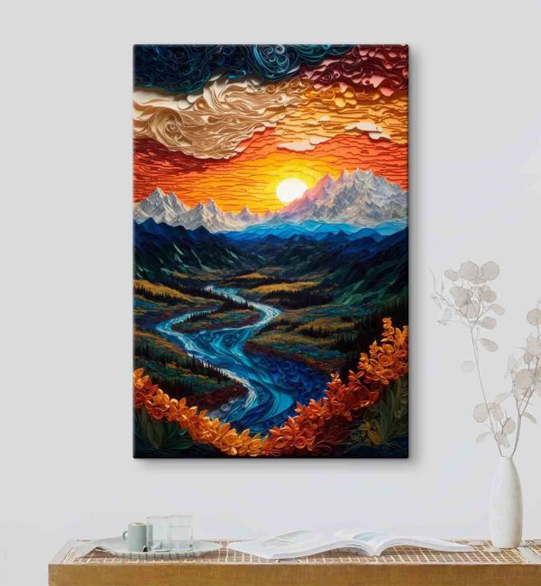 Schilderij van een rivier die door een vallei stroomt Schilderij van een rivier die door een vallei stroomt