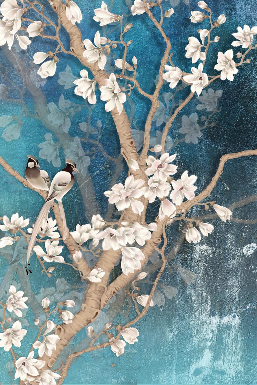 Boom met witte bloemen en vogels