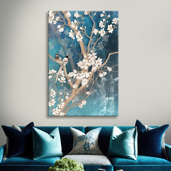 Boom met witte bloemen en vogels Boom met witte bloemen en vogels
