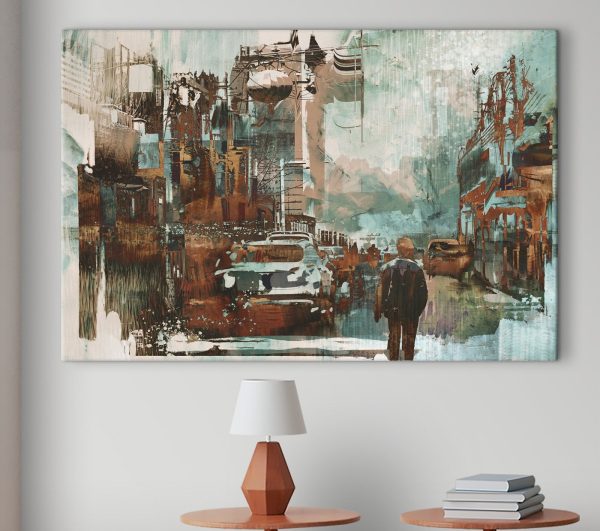 Man loopt door een straat met auto's en gebouwen Canvas Schilderijen Man loopt door een straat met auto's en gebouwen