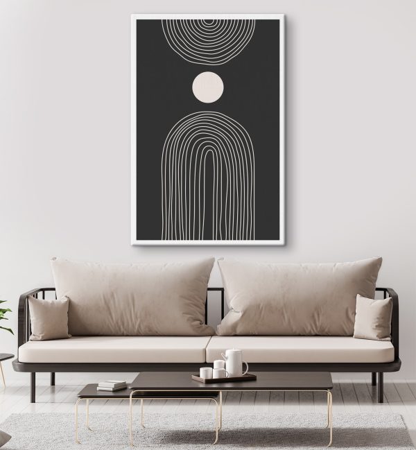 Zwart-wit poster met een witte cirkel en een zwart-witte regenboog Zwart-wit poster met een witte cirkel en een zwart-witte regenboog