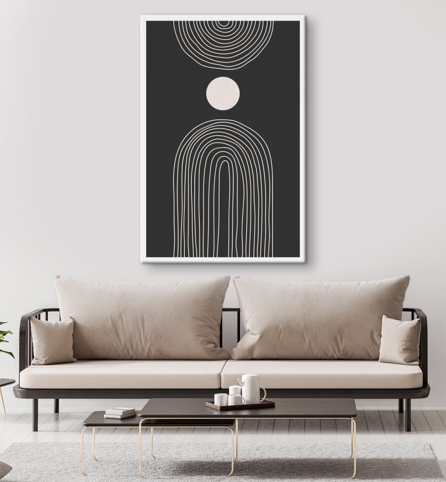 Zwart-wit poster met een witte cirkel en een zwart-witte regenboog
