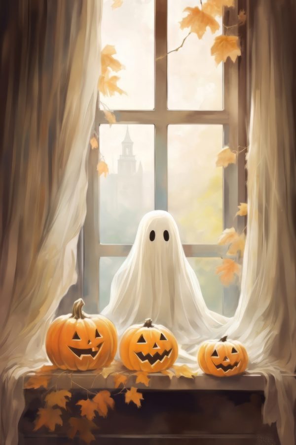 Groep pompoenen en een spook zittend op een vensterbank Groep pompoenen en een spook zittend op een vensterbank