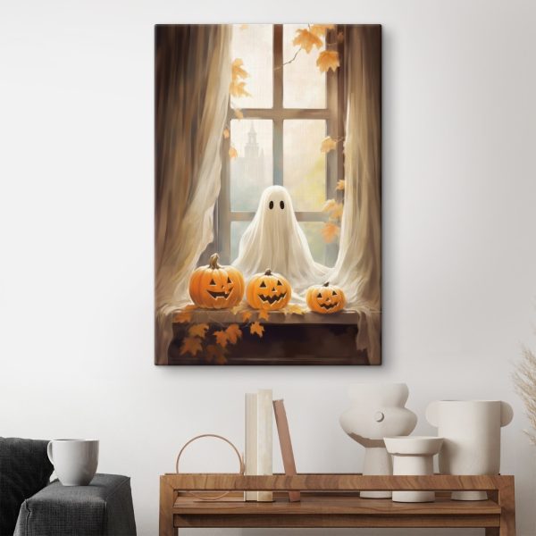 Groep pompoenen en een spook zittend op een vensterbank Groep pompoenen en een spook zittend op een vensterbank