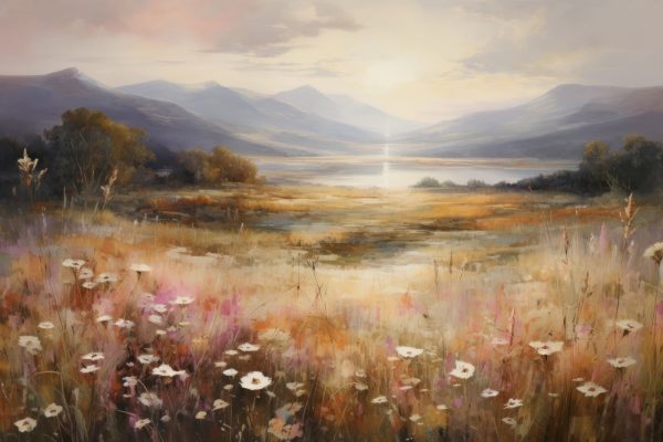 Schilderij van een veld met bloemen en bergen op de achtergrond Schilderij van een veld met bloemen en bergen op de achtergrond
