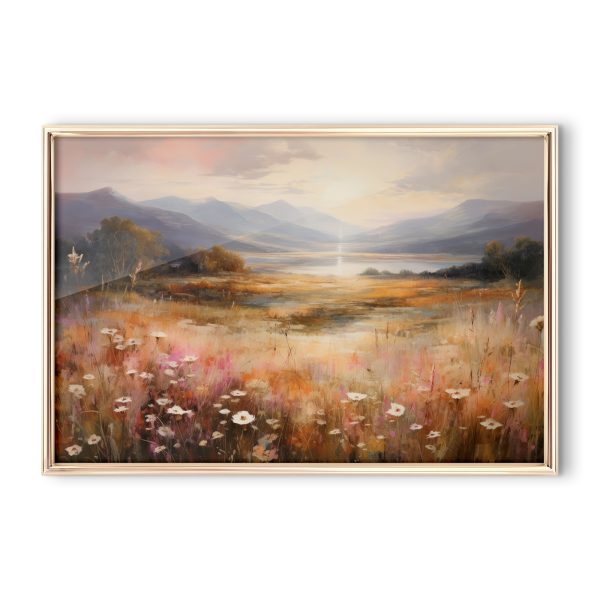 Schilderij van een veld met bloemen en bergen op de achtergrond Schilderij van een veld met bloemen en bergen op de achtergrond