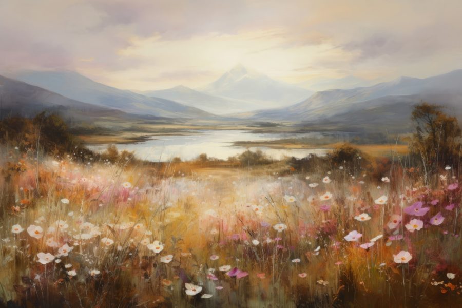 Schilderij van een bloemenveld en een meer