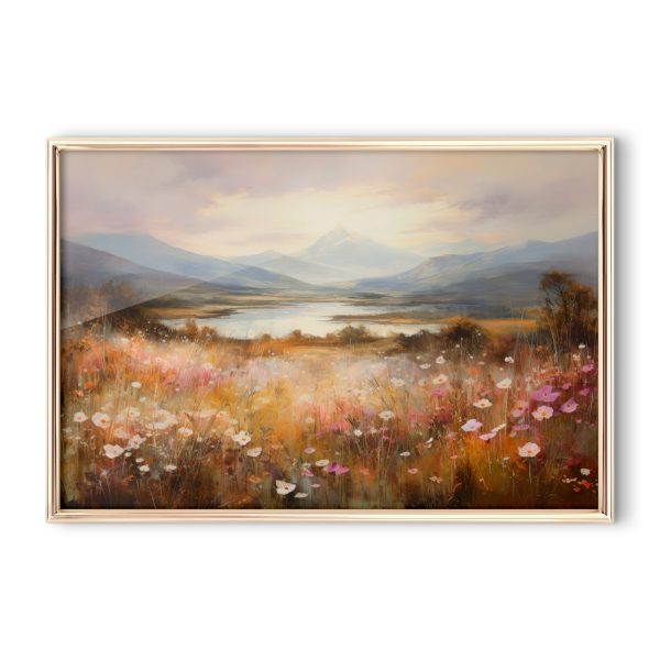 Schilderij van een bloemenveld en een meer Schilderij van een bloemenveld en een meer