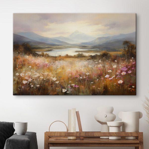 Schilderij van een bloemenveld en een meer Schilderij van een bloemenveld en een meer