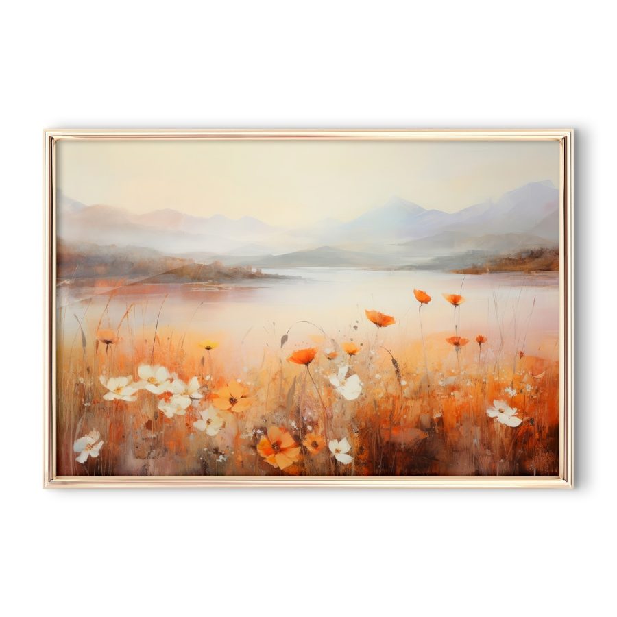 Schilderij van bloemen bij een meer