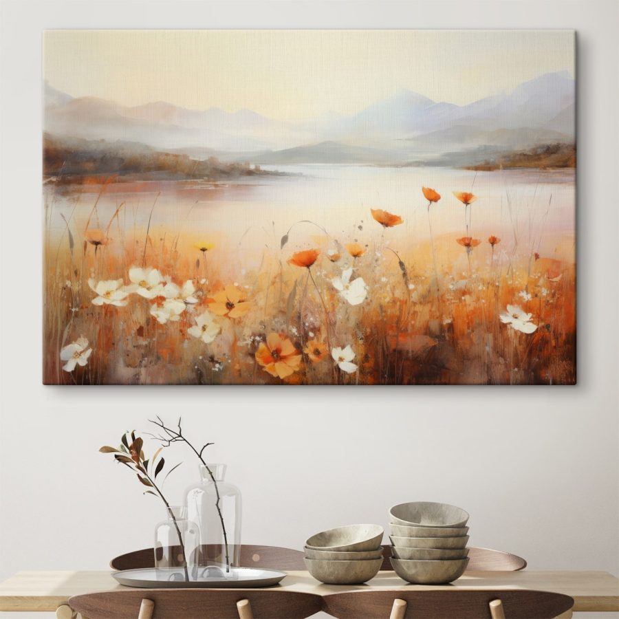Schilderij van bloemen bij een meer