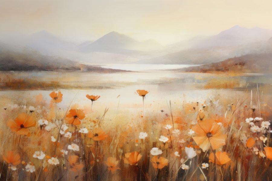 Schilderij van bloemen in een veld