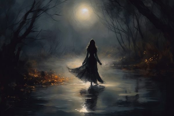 Vrouw loopt in een donker bos Vrouw loopt in een donker bos