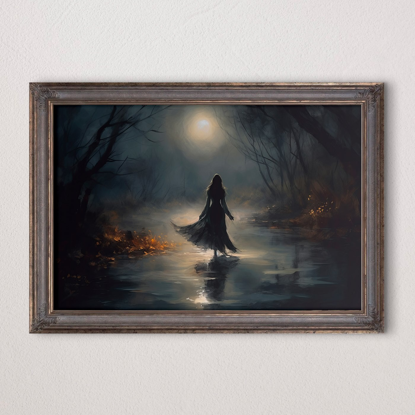 Woman walking in a dark forest