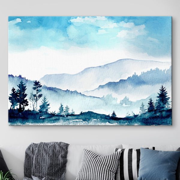 Aquarel van een bergketen en bomen Canvas Schilderijen Aquarel van een bergketen en bomen