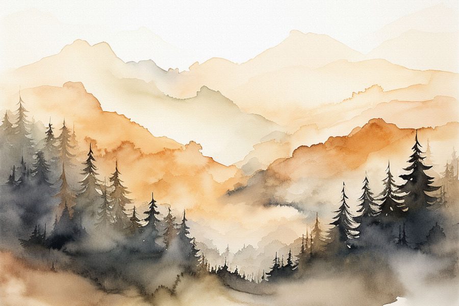 Aquarel van bomen en bergen