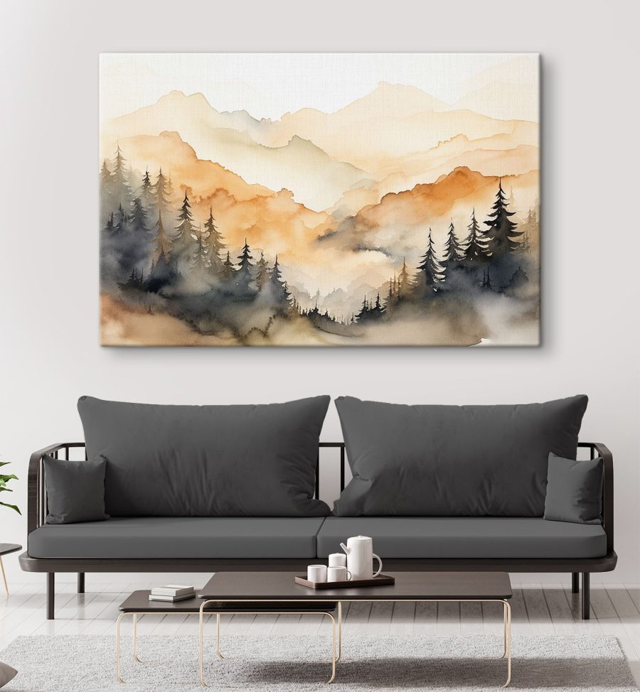 Aquarel van bomen en bergen