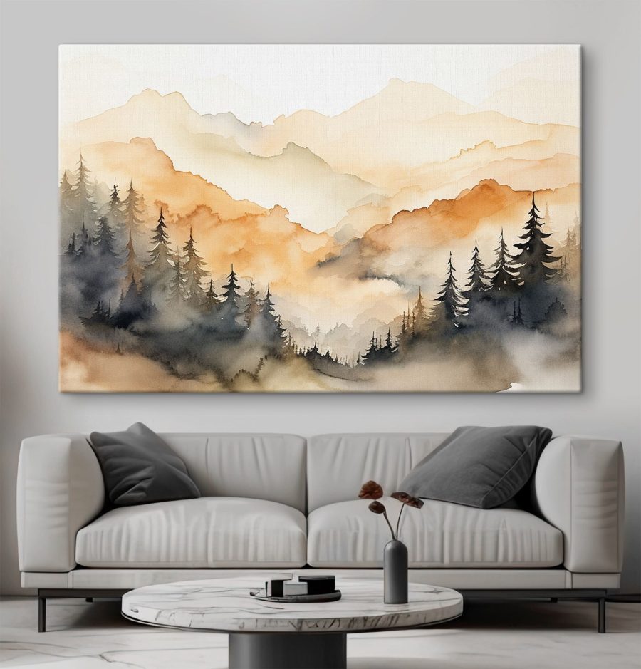 Aquarel van bomen en bergen