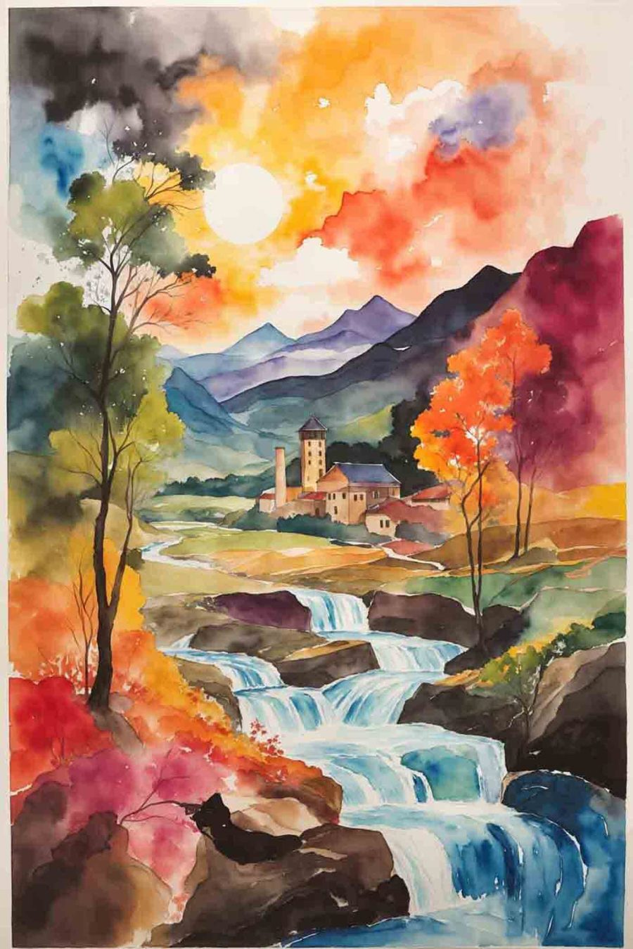 Aquarel van een huis en een rivier