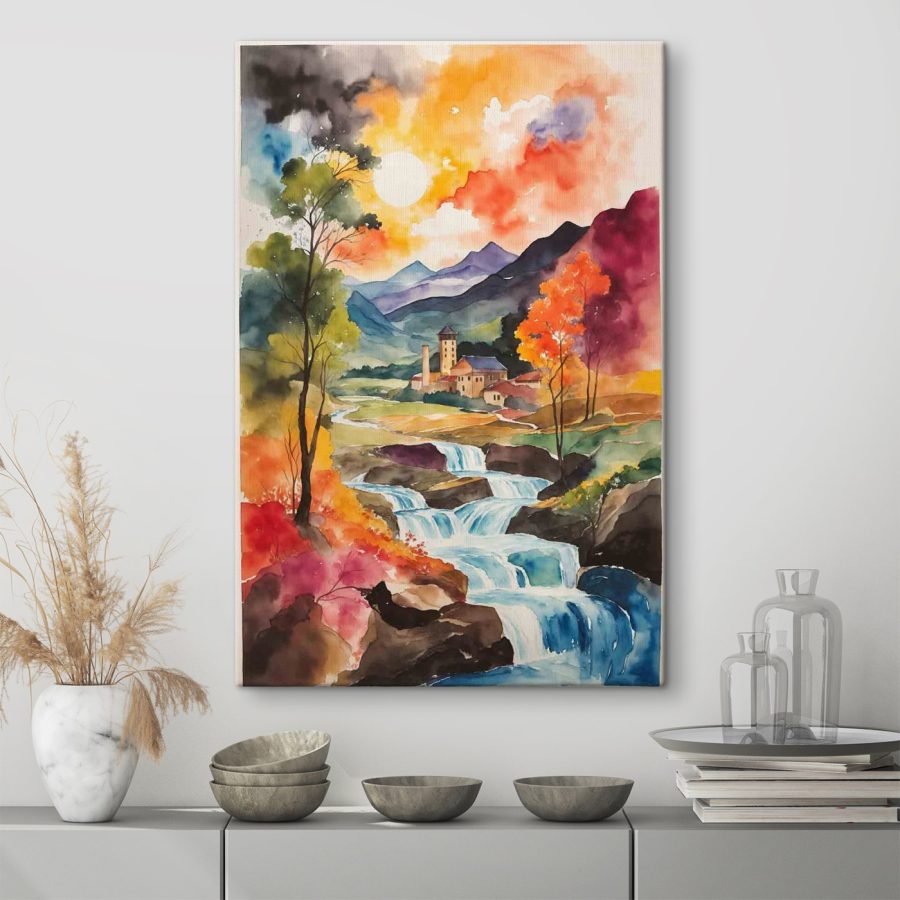 Aquarel van een huis en een rivier