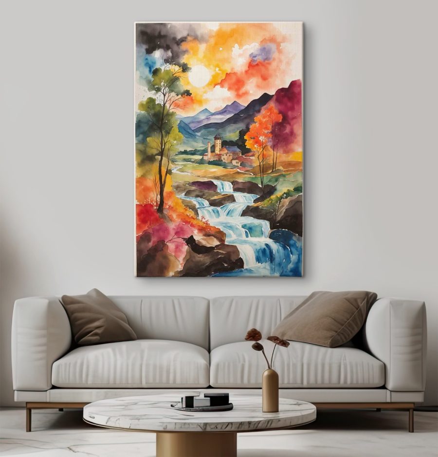 Aquarel van een huis en een rivier