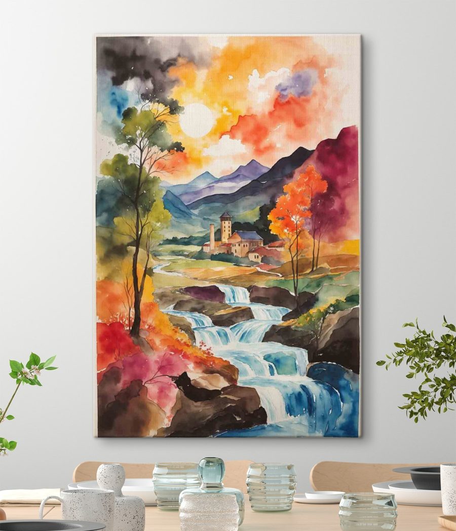 Aquarel van een huis en een rivier