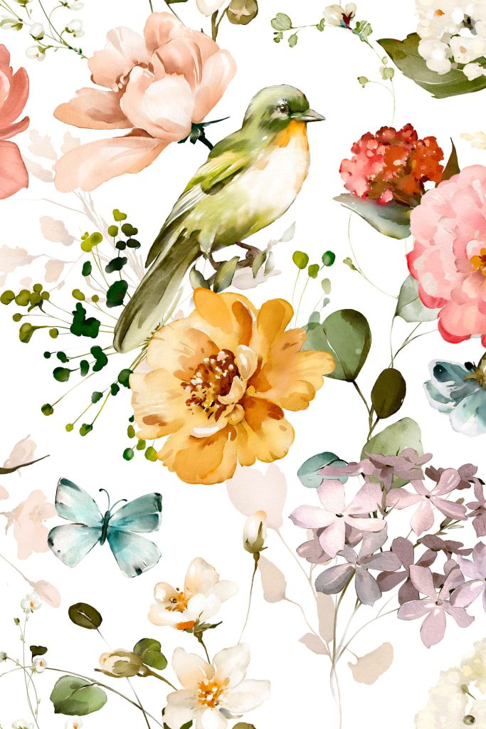 Bird and flowers on a white background