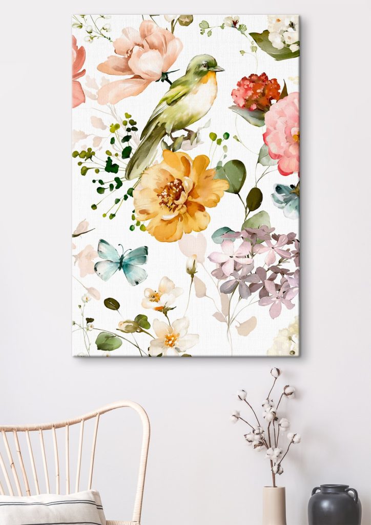 Bird and flowers on a white background