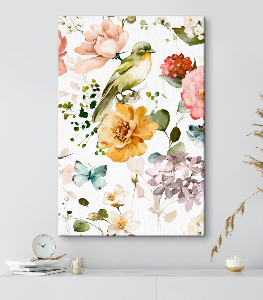Bird and flowers on a white background