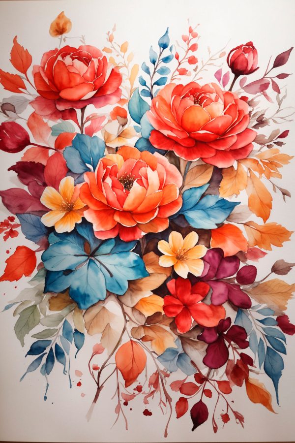 Schilderij van bloemen en bladeren Schilderij van bloemen en bladeren