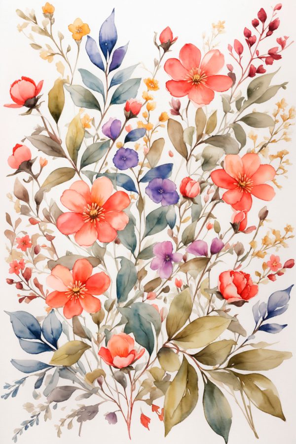 Schilderij van bloemen en bladeren Schilderij van bloemen en bladeren